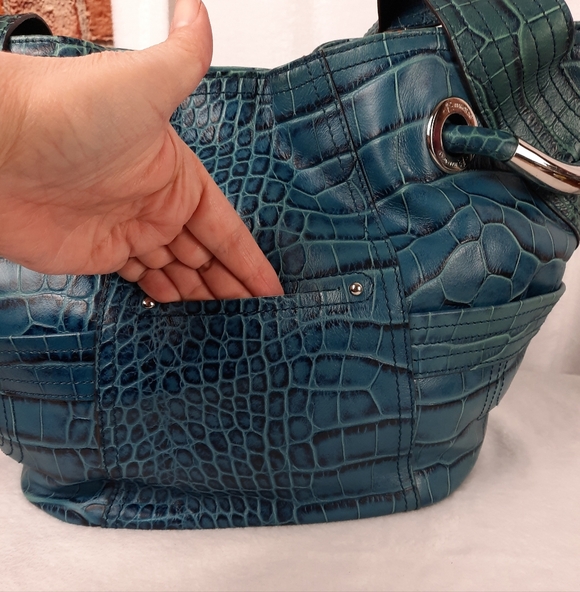 b Makowsky Blue Crocodile Embossed Shoulder Bag - Picture 7 of 13